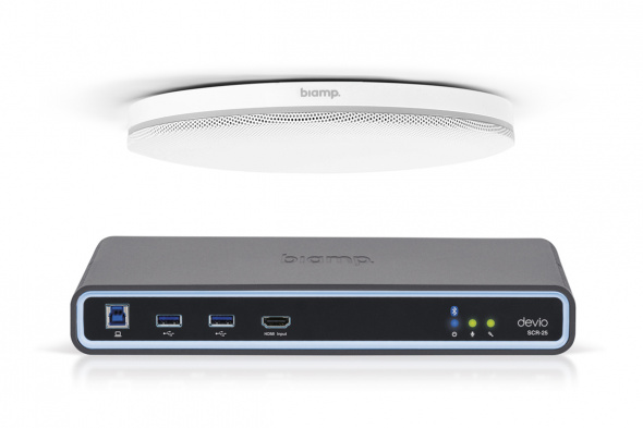 Biamp Devio SCR-25CX White Conferencing hub and microphone; includes Devio SCR-25 hub and one TCM-XEX ceiling microphone, white 